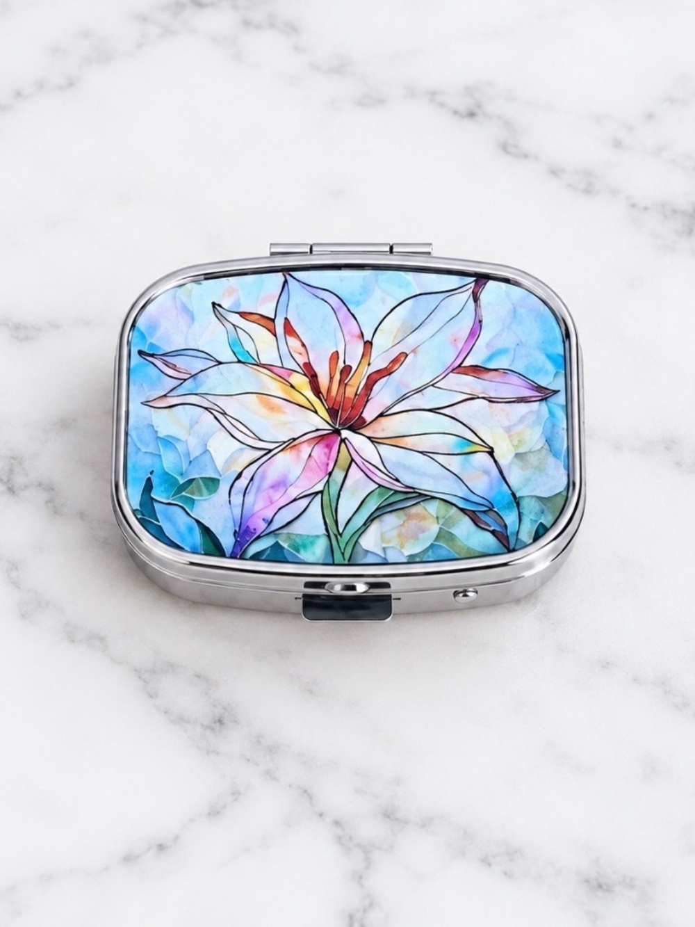 Watercolor Lily Design Purse Pill Box/Travel Jewelry-Compact With Lidded Mirror